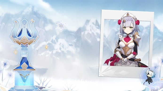 Noelle from Genshin Impact, a knight in white and gold armor with a snowy mountain background