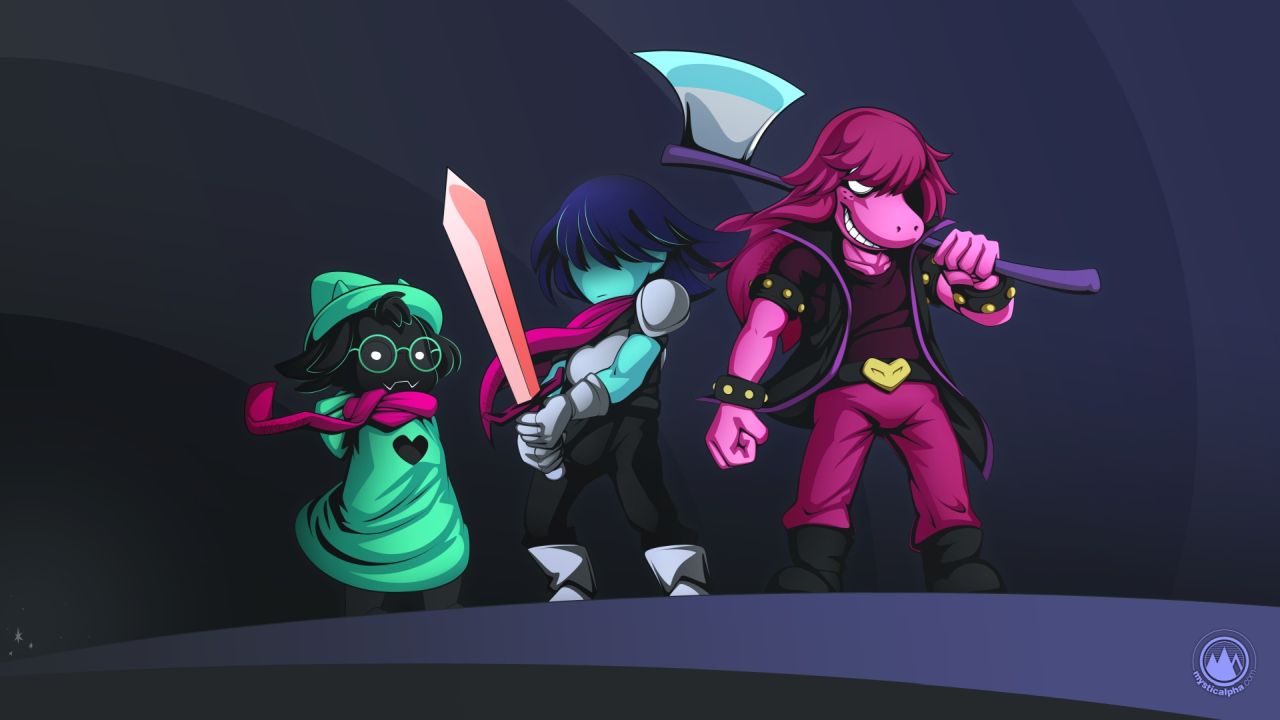 Three characters from Deltarune stand together