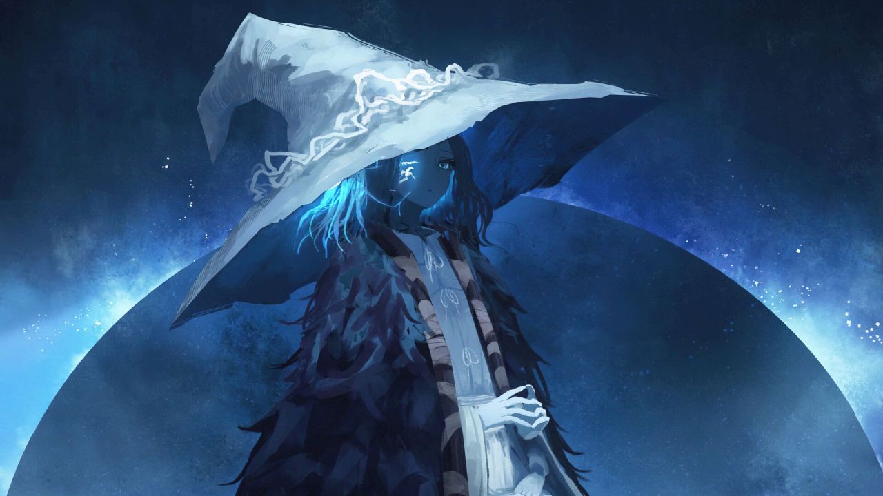 Ranni the Witch in hat and cloak with glowing symbol