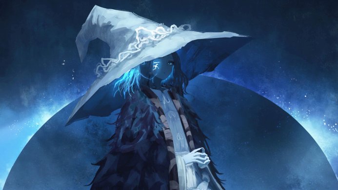 Ranni the Witch from Elden Ring in a large hat and cloak in front of a blue background