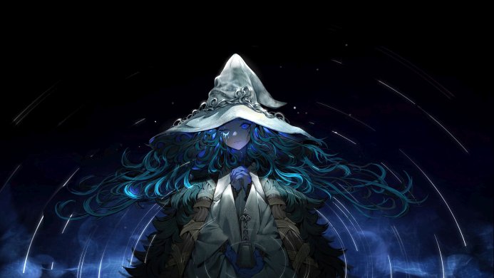 Witch, Elden Ring, a mysterious anime character with a large hat and blue hair