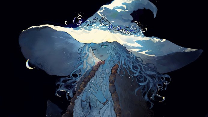 Ranni the Witch from Elden Ring in a large hat with a moon symbol