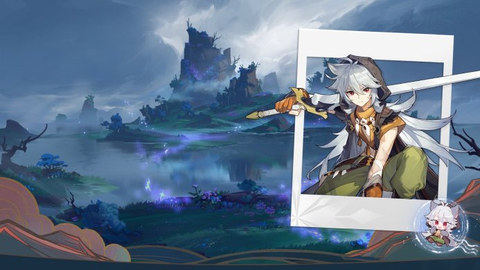 Razor from Genshin Impact holding a sword with a landscape in the background