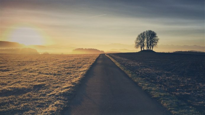 A road leading into a landscape with a rising sun, trees and mountains
