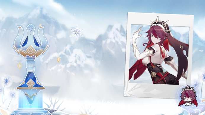 Rosaria, a character from Genshin Impact, pictured in a snapshot with winter themed background