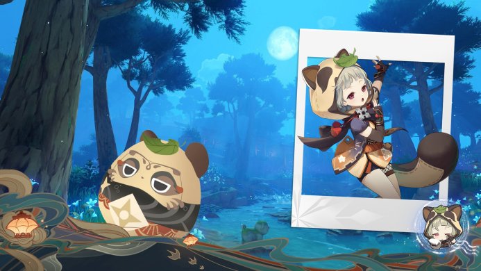 Sayu from Genshin Impact, dressed as a tanuki in a fantasy landscape