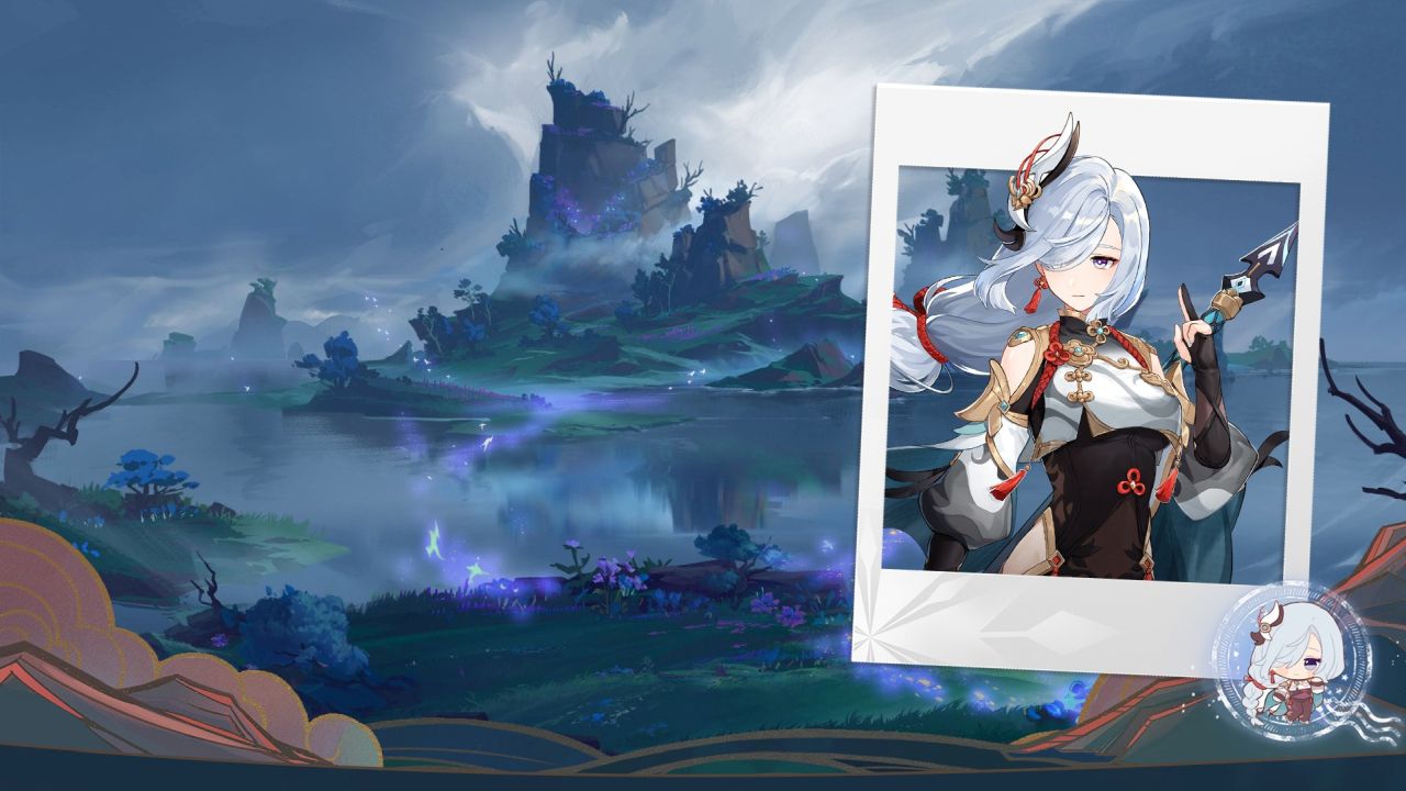 Shenhe from Genshin Impact in a frame over landscape