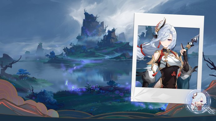 Shenhe from Genshin Impact, standing in front of a misty landscape