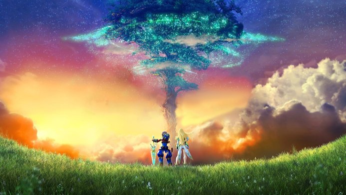 Shulk and Fiora looking at a giant tree in Xenoblade Chronicles