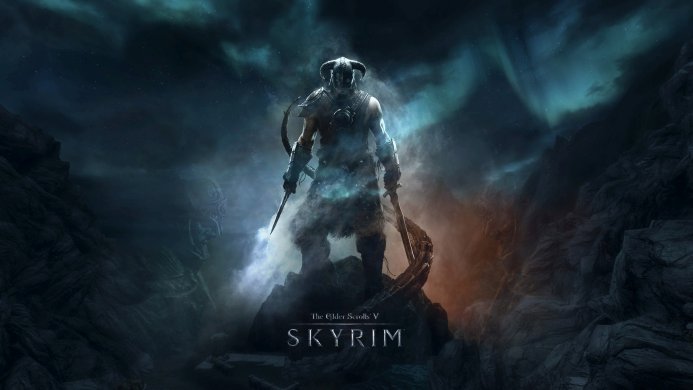 Skyrim Dovahkiin stands on a peak, holding weapons, with the aurora borealis in the background