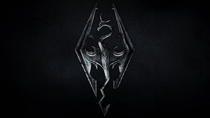 The Elder Scrolls V: Skyrim dragon logo on a black leather background