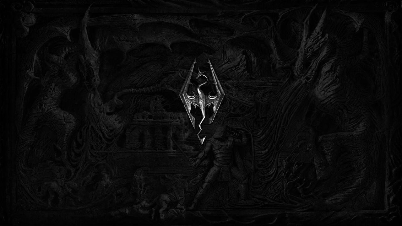 Skyrim logo on a black and white carved wall