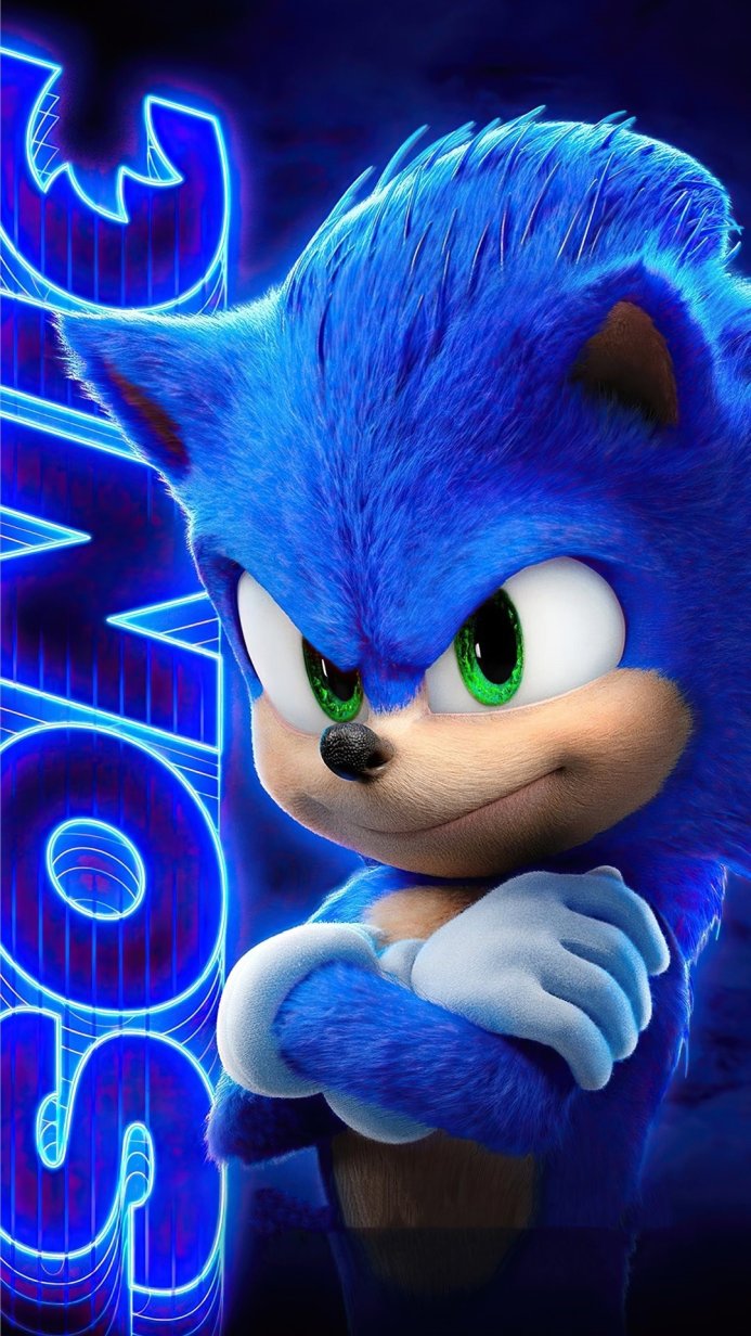 Close-up of Sonic the Hedgehog from the Sonic movie with neon writing in the background