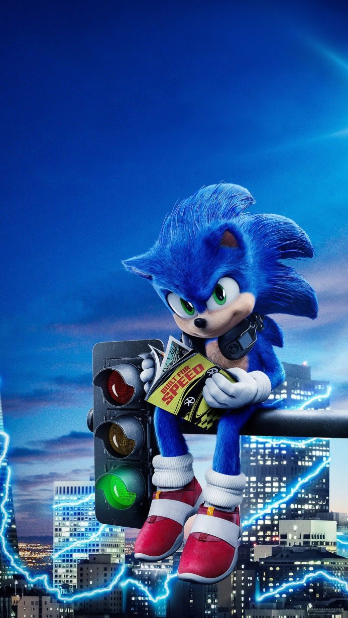 Sonic the Hedgehog sitting on a traffic light reading a "Built for Speed" magazine, cityscape backdrop