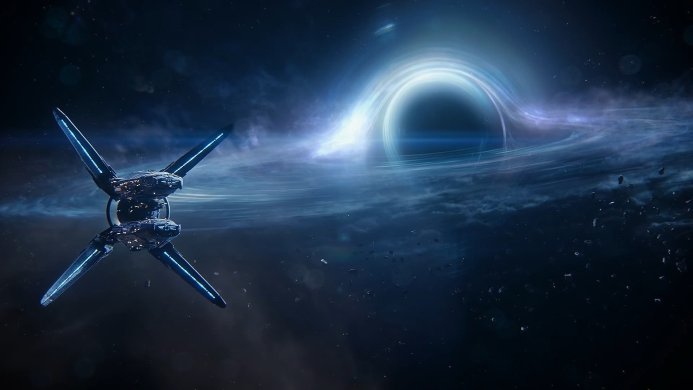 A spaceship near a black hole in deep space with swirling nebulae