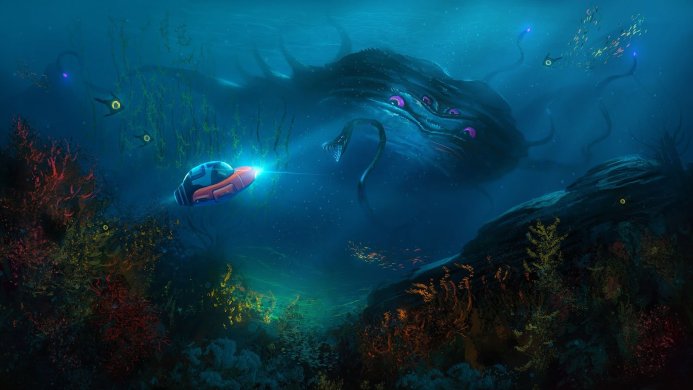 A submarine explores the deep sea, encountering a massive reaper leviathan in Subnautica