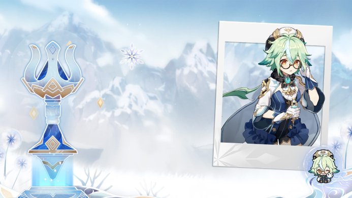 Sucrose, a character from Genshin Impact, framed against a snowy mountain background