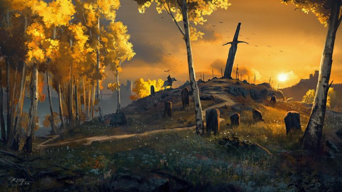 Landscape with sword in stone, rider on horse in the distance at sunset