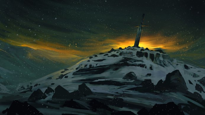 A sword stuck in a snowy mountaintop under a dramatic sky with orange and yellow light