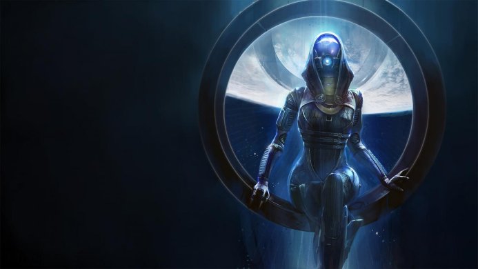 Tali'Zorah from Mass Effect wearing a robotic costume sits against the backdrop of the moon