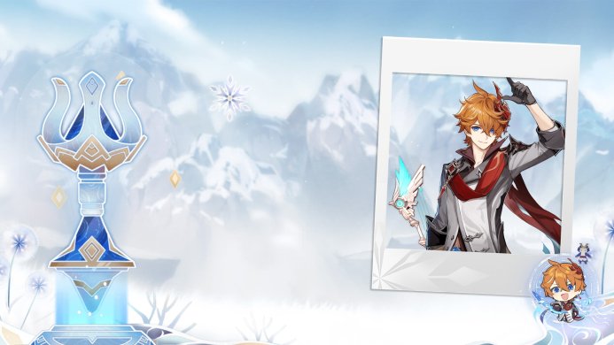 Tartaglia (Childe) from Genshin Impact in a photo frame with winter background