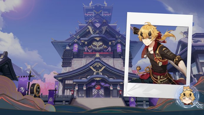 Thoma, a character from Genshin Impact, in a black and red costume, with a building in the background
