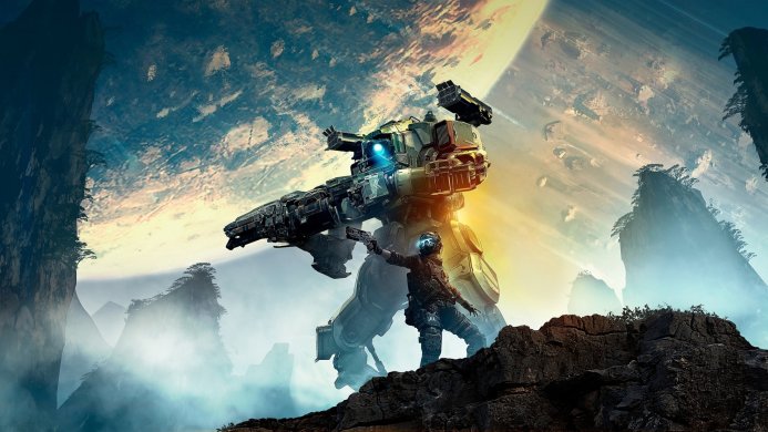 A pilot standing before a large mech in a mountainous alien landscape from the game Titanfall