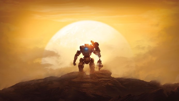 Robot and soldier from the game Titanfall stand atop a rocky planet against a giant sun