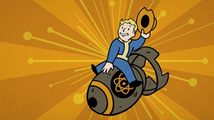 Vault Boy riding a mini nuke from Fallout with an orange background