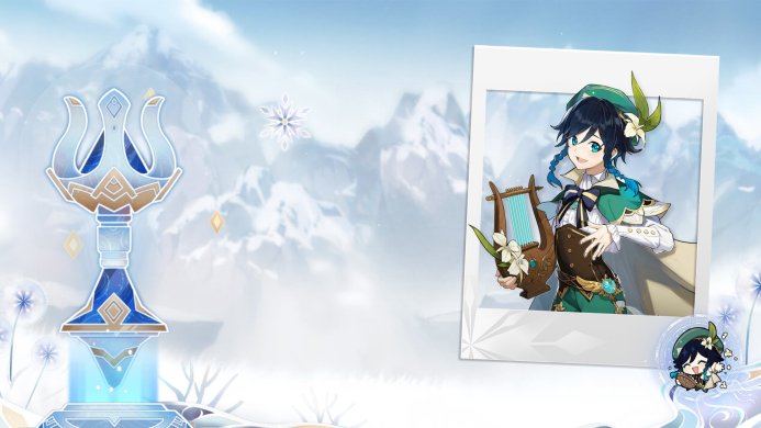Venti, a character from Genshin Impact, shown in a photograph holding a harp, with a winter background