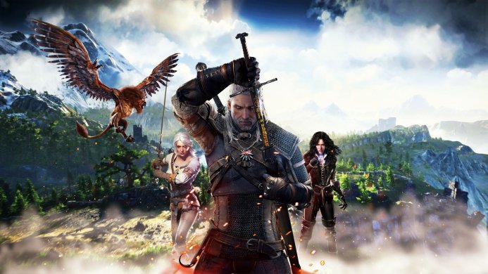 Geralt, Ciri, and Yennefer from The Witcher 3, with a Griffin flying above a mountainous landscape