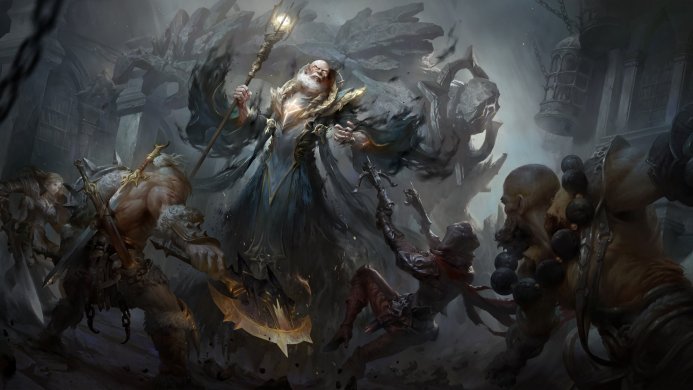 A wizard fights a group of warriors in a dark fantasy battle scene