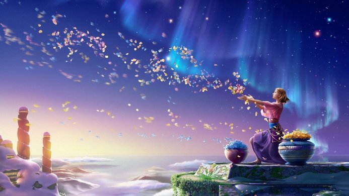A woman on a platform releasing flower petals into a magical night sky with the aurora borealis