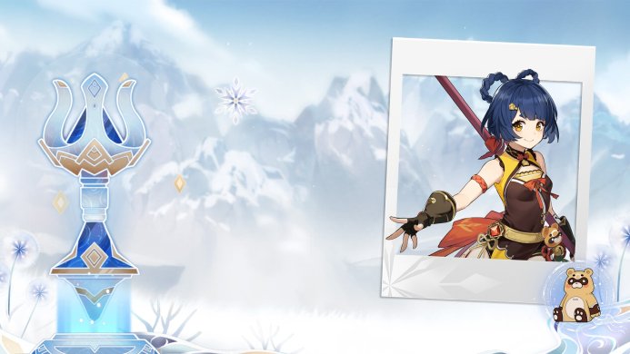 Xiangling, a character from Genshin Impact, in a photo frame with a snowy landscape in the background