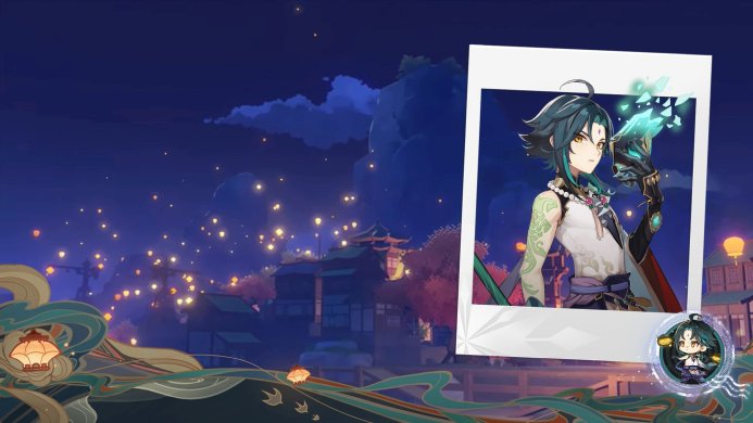 Xiao from Genshin Impact holding a turquoise mask, photo on the background of the night city