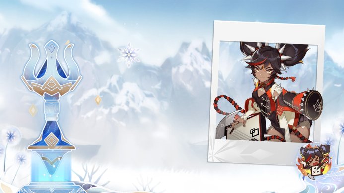Xinyan from Genshin Impact, captured in a photo frame with mountains in the background