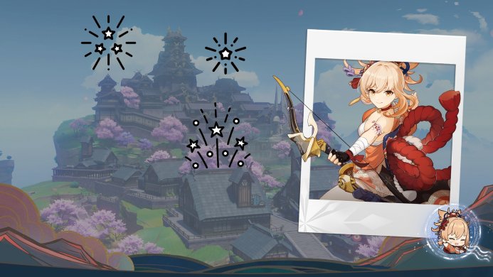Yoimiya, a character from Genshin Impact, holding a bow and arrow in front of a japanese village