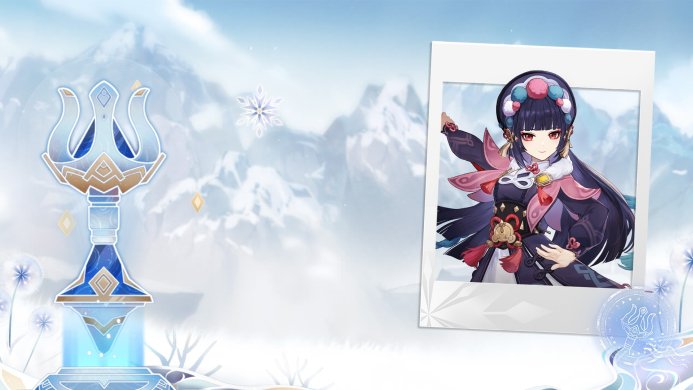 Yun Jin from Genshin Impact, in a photo frame with mountains and a light blue totem in the background