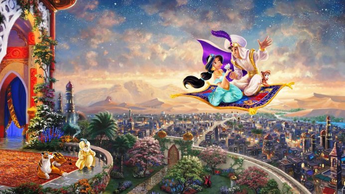 Aladdin and Jasmine on a magic carpet ride with Abu, flying over Agrabah, with Rajah and Genie in the foreground