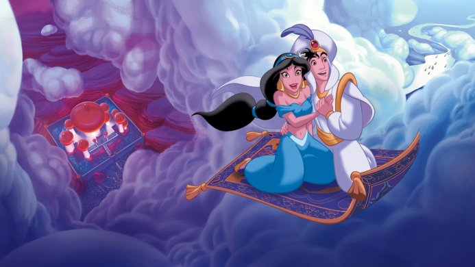 Aladdin and Jasmine flying on a magic carpet through the clouds, with Agrabah in the distance