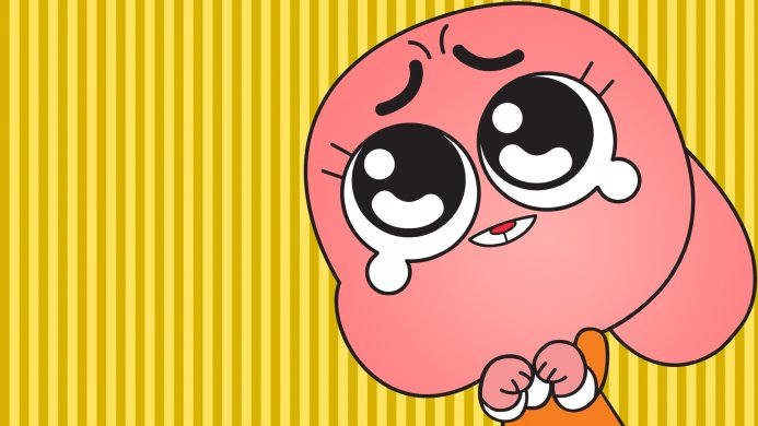 Anais Watterson, a character from The Amazing World of Gumball, with big eyes and folded hands