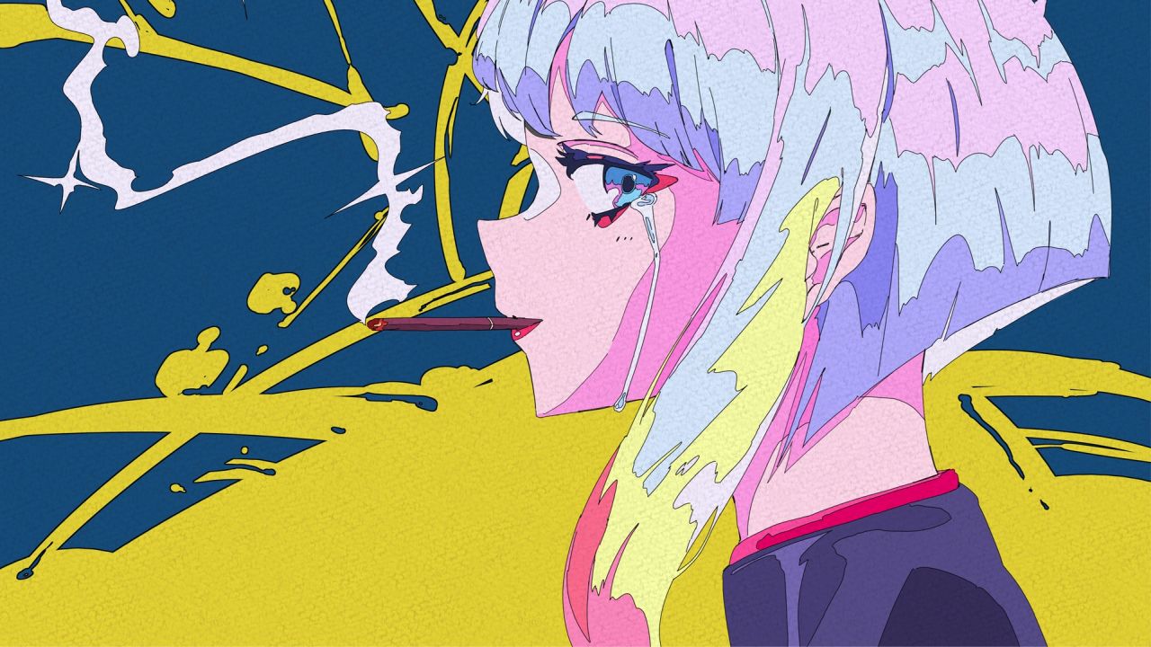 Anime girl smoking a cigarette and crying