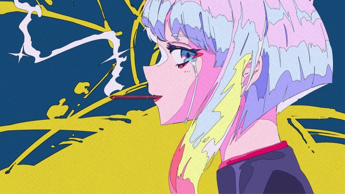 Anime girl with blue hair in profile, smoking a cigarette with tears on her face