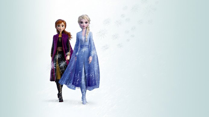 Anna and Elsa from Frozen 2, standing in winter attire against a snowy backdrop