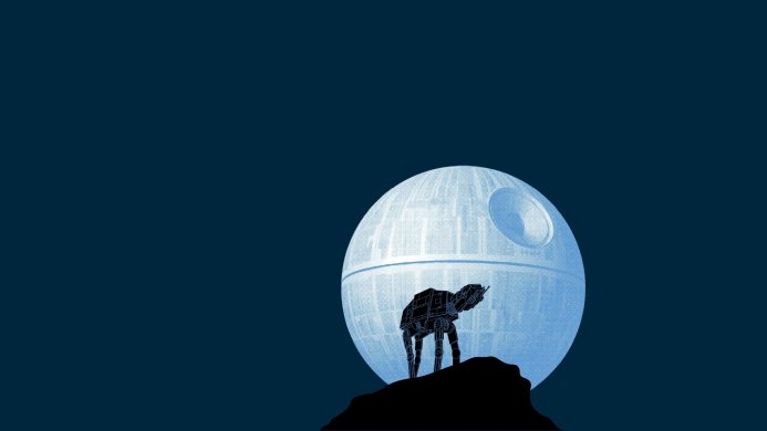 Silhouette of an AT-AT walker against the Death Star in a blue Star Wars scene