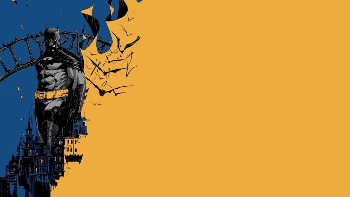 Batman standing in front of Gotham City, with bats flying around him