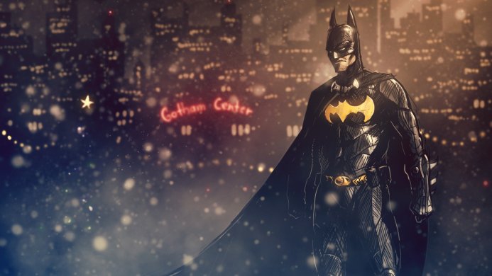 Batman stands guard over Gotham City in a dark, stylized illustration