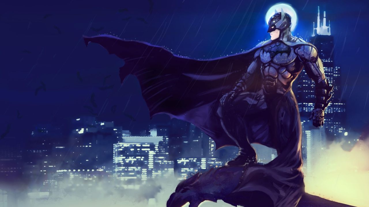 Batman on a gargoyle overlooking Gotham City