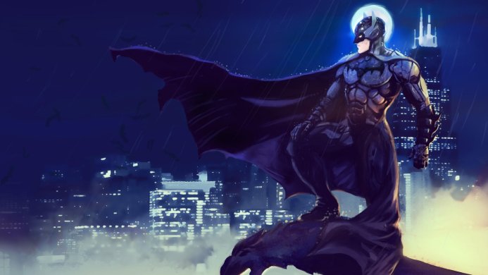 Batman standing on a gargoyle overlooking Gotham City at night