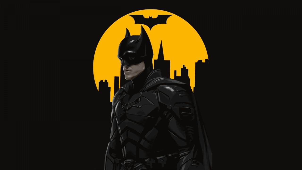 Batman in a dark costume on the city background